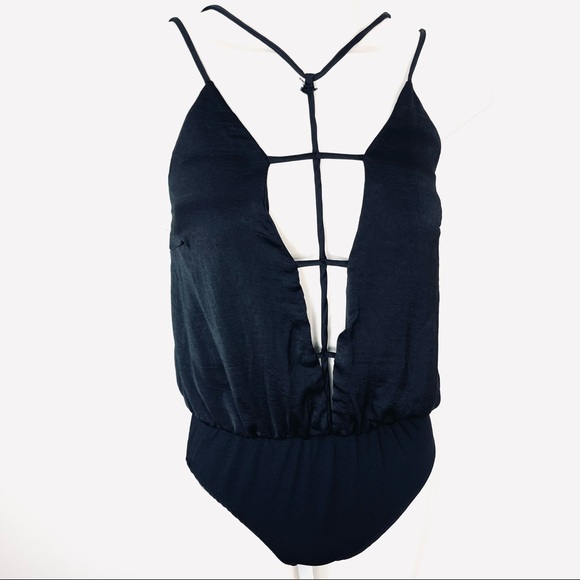 CHARLOTTE RUSSE cut out bodysuit SEXY 1 piece OPEN FRONT plunging V-neck BLACK S - Picture 12 of 12